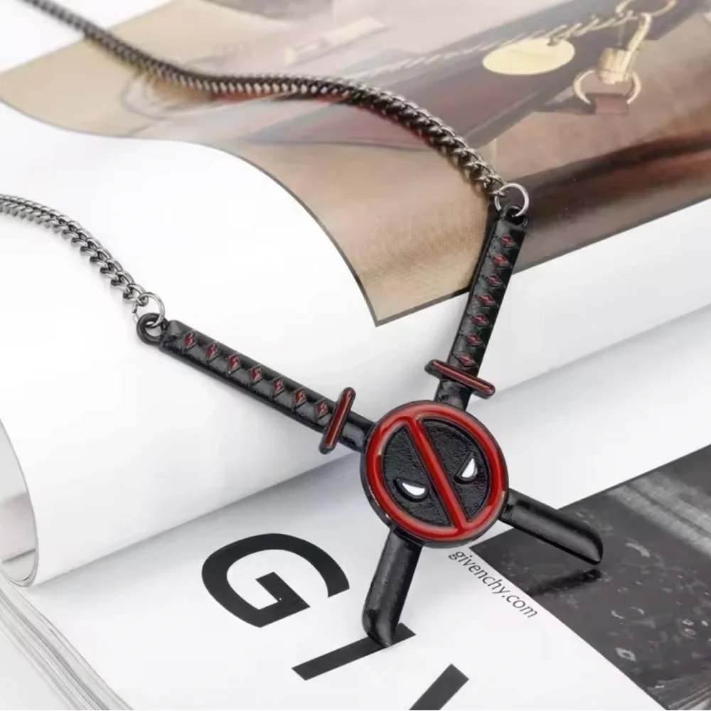 Marvel Deadpool Swords & Logo Necklace Black Tone Stainless Steel